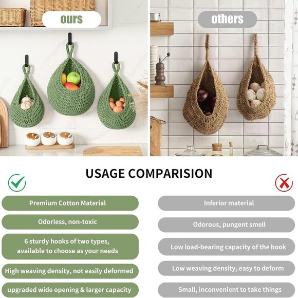 Boho Wall Hanging Fruit Baskets for Kitchen 3 Pack Woven Produce Holder with 6 P - Picture 4 of 7